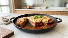 Bife à parmegiana crocante e suculento: empanado firme e queijo bem gratinado